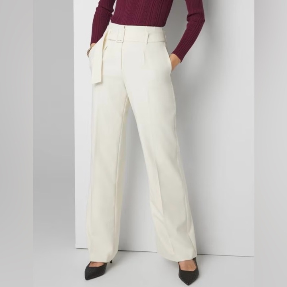 White House Black Market White Pants Wide Leg Sz 10P Zip Belt Office Career NWOT